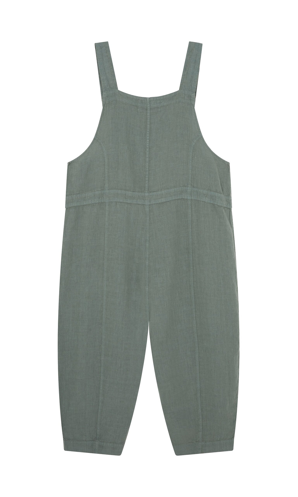 Plümo- Myrtle Linen Dungarees in sage green washed linen, oversized fit with wide legs and thick straps, shown on white background.