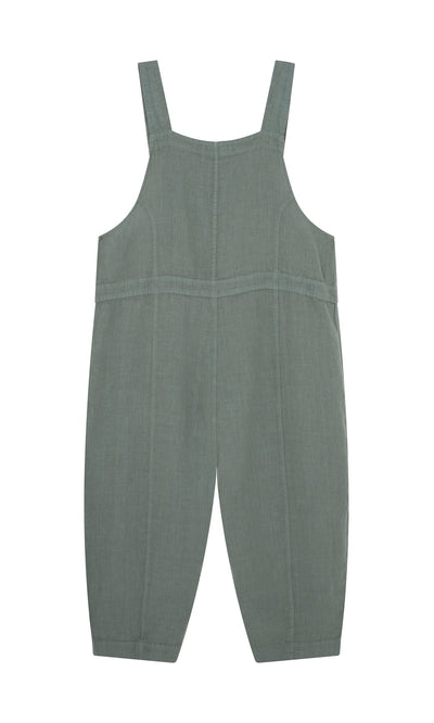 Plümo- Myrtle Linen Dungarees in sage green washed linen, oversized fit with wide legs and thick straps, shown on white background.