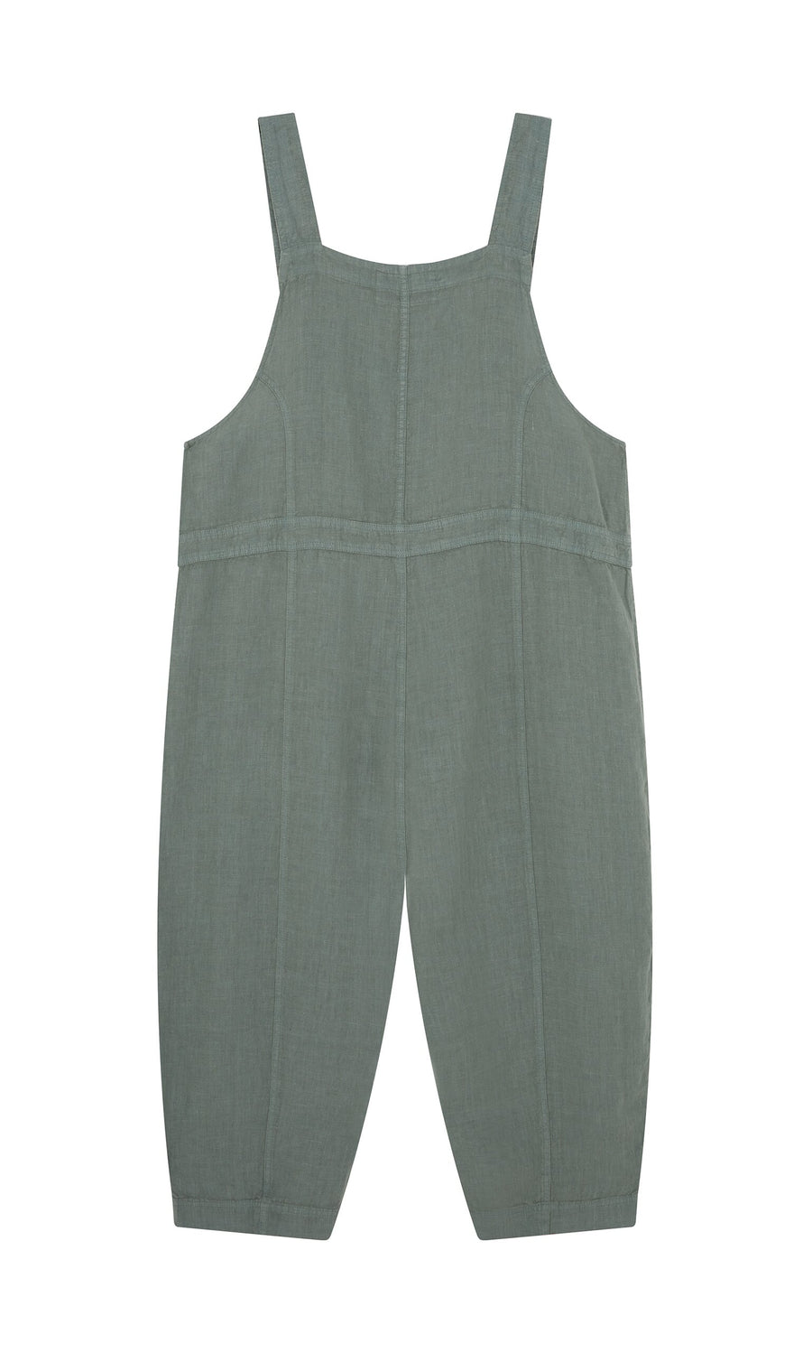 Plümo- Myrtle Linen Dungarees in sage green washed linen, oversized fit with wide legs and thick straps, shown on white background.