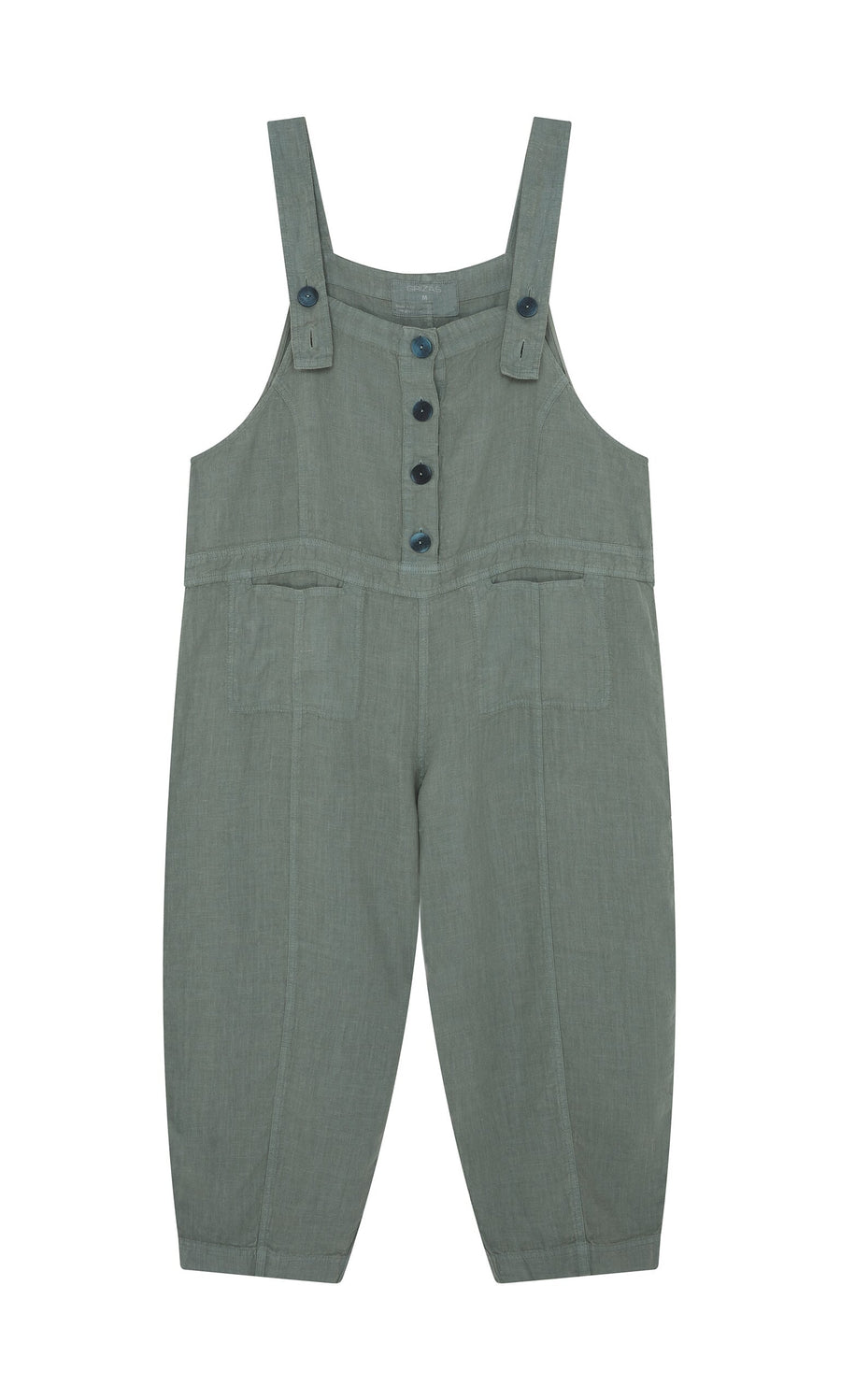 Plümo- Myrtle Linen Dungarees in gray-green, oversized fit with front buttons and loose legs, shown on a white background.
