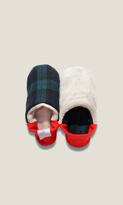 Plümo  Tartan Slippers, reversible with one green and blue wool-blend tartan exterior and one cream faux-fur side, with red cuffs.