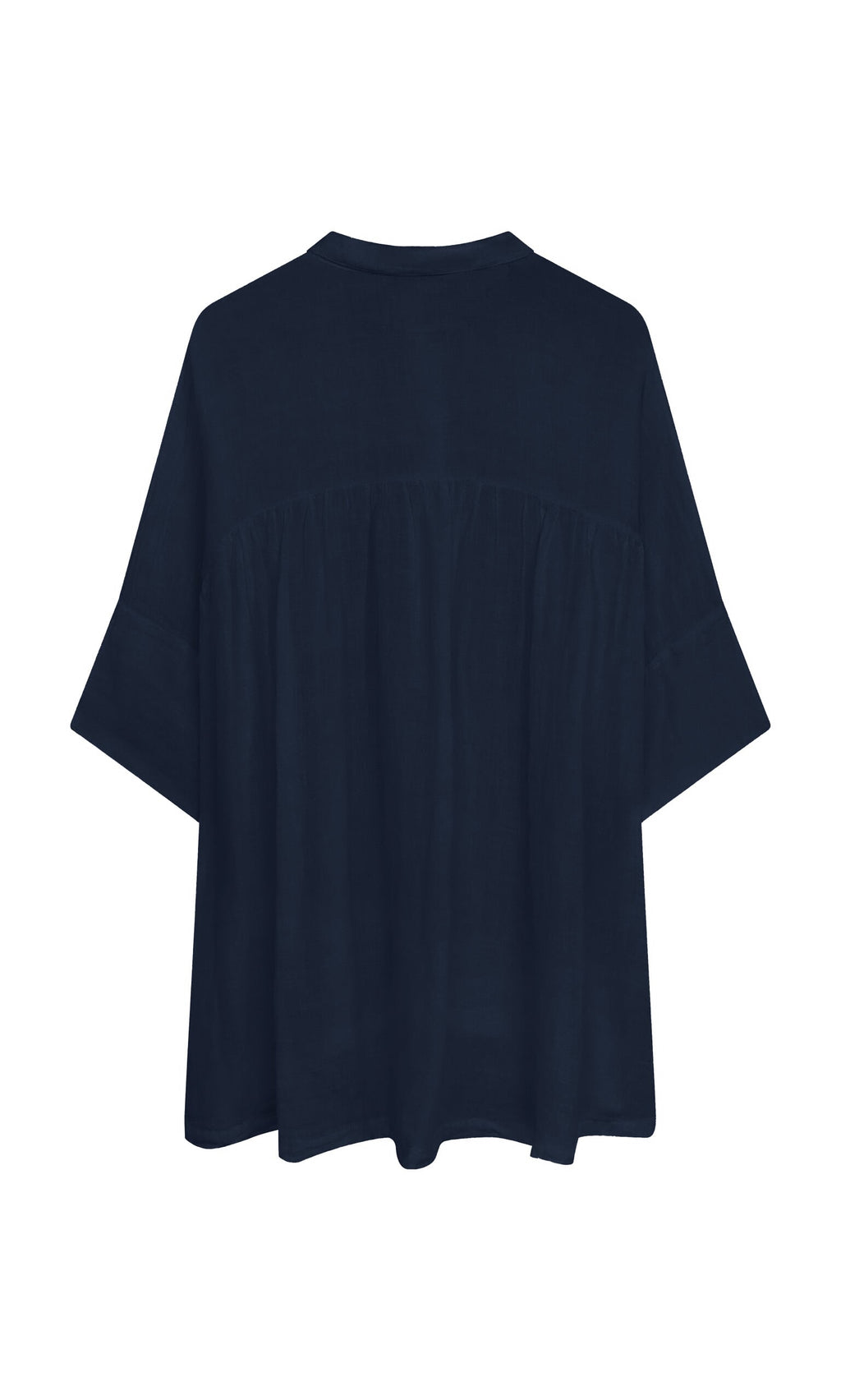 Plümo- Thistle Blouse - Deep Navy: linen blouse with a gathered yoke, loose fit, and cropped sleeves shown from the back.