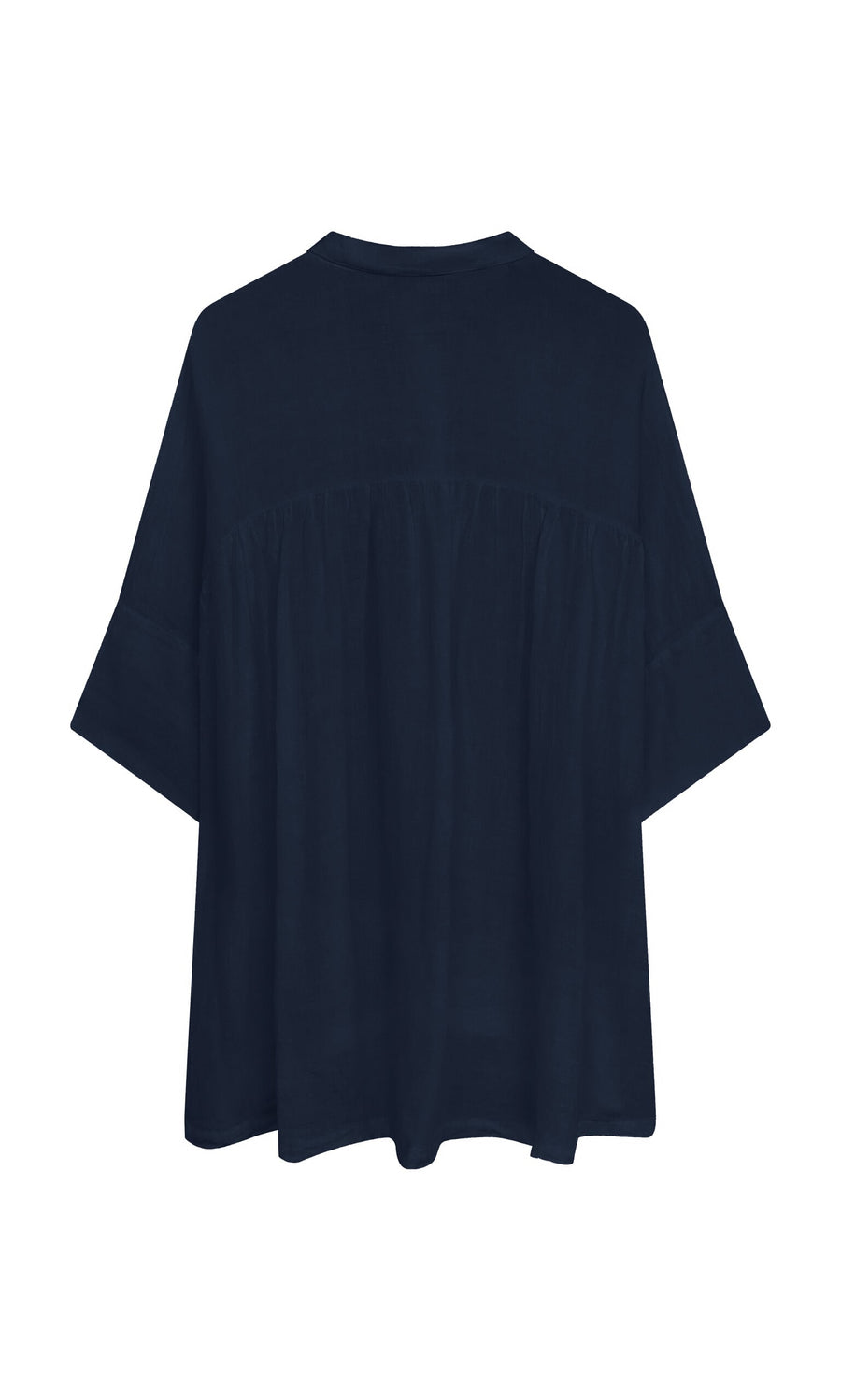 Plümo- Thistle Blouse - Deep Navy: linen blouse with a gathered yoke, loose fit, and cropped sleeves shown from the back.