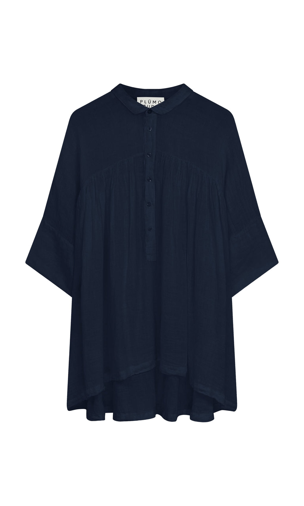 Plümo- The Thistle Blouse in Deep Navy features a loose fit, button placket, cropped sleeves, and a gathered yoke.