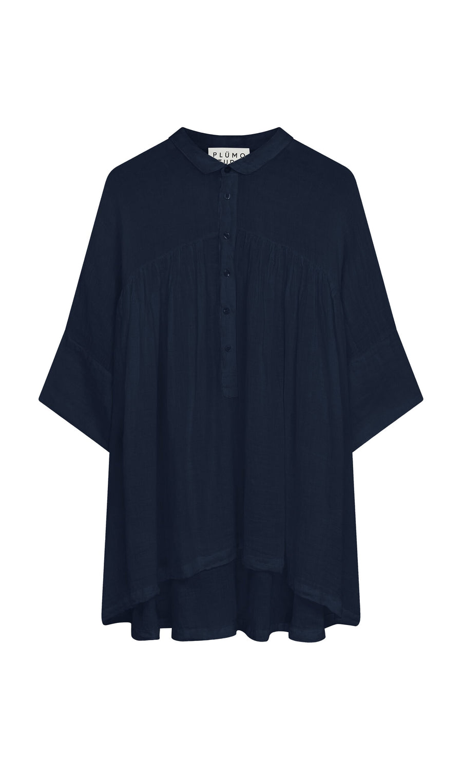 Plümo- The Thistle Blouse in Deep Navy features a loose fit, button placket, cropped sleeves, and a gathered yoke.