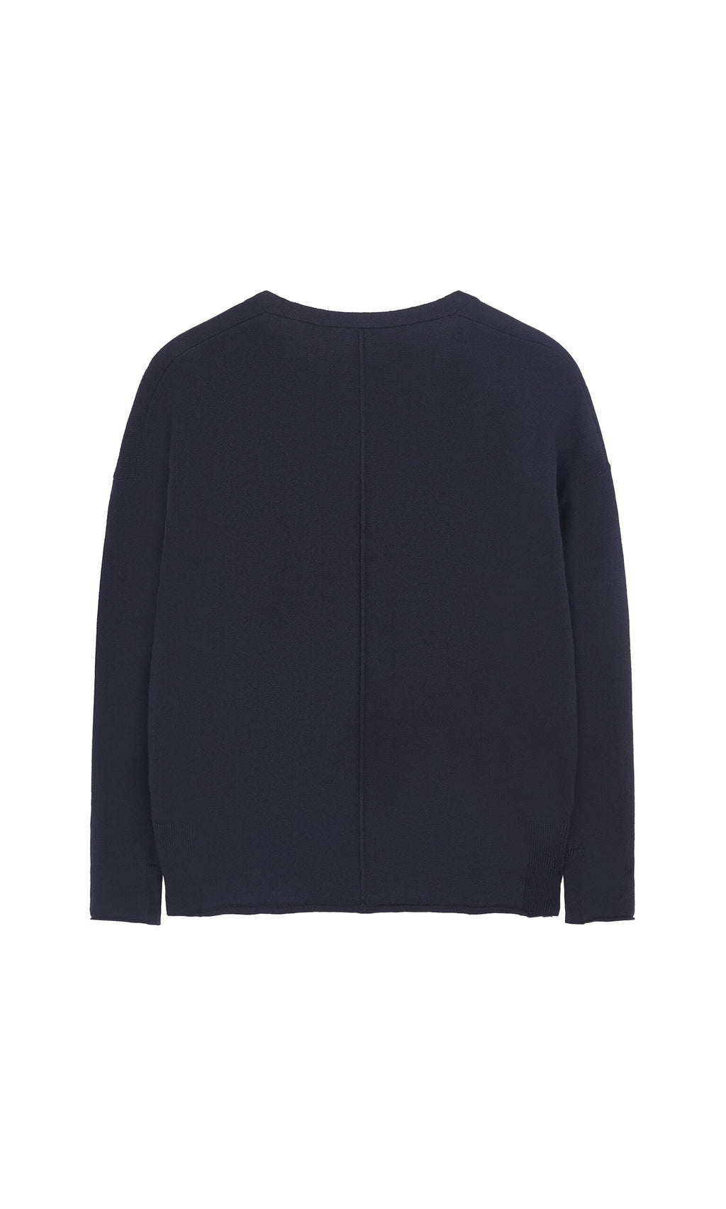 Plümo- Back view of Navy V Neck long-sleeve sweater in dark navy cashmere mix against a white background.