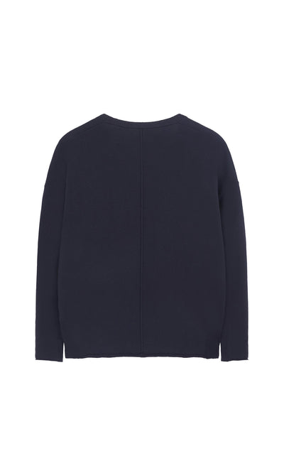 Plümo- Back view of Navy V Neck long-sleeve sweater in dark navy cashmere mix against a white background.