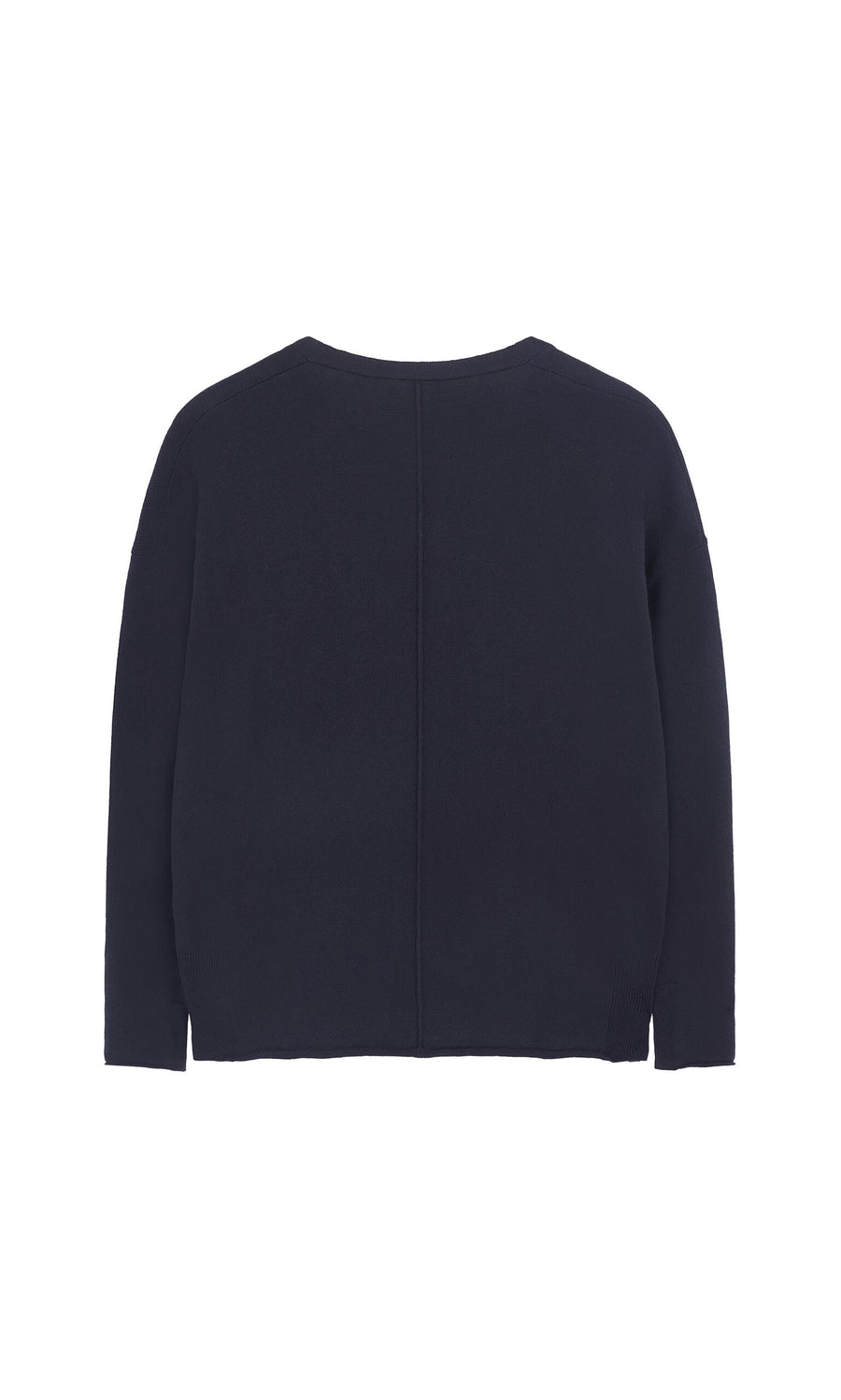 Plümo- Back view of Navy V Neck long-sleeve sweater in dark navy cashmere mix against a white background.