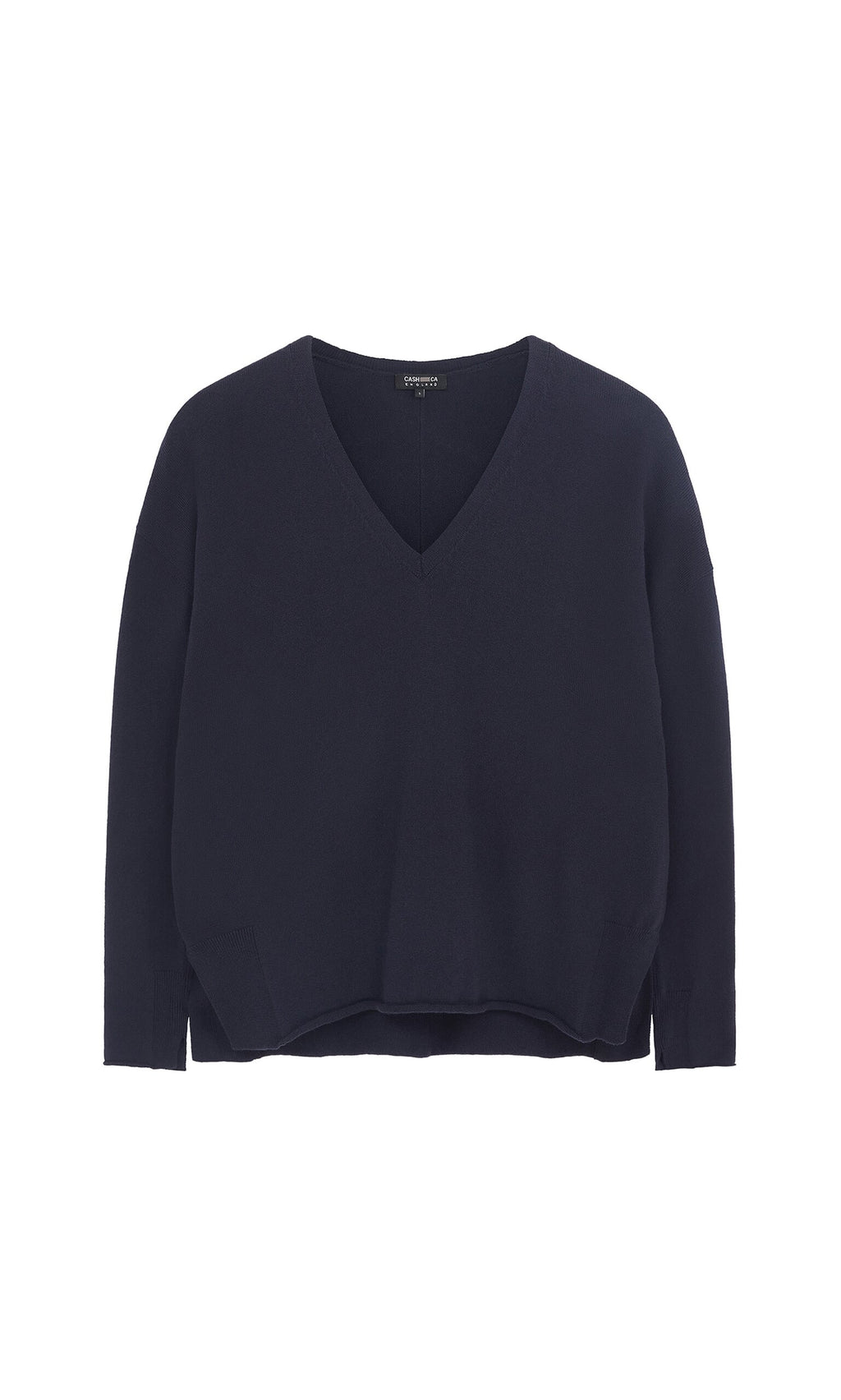 Plümo- Navy V Neck in supersoft yarn with relaxed fit and a subtle high-low hem.
