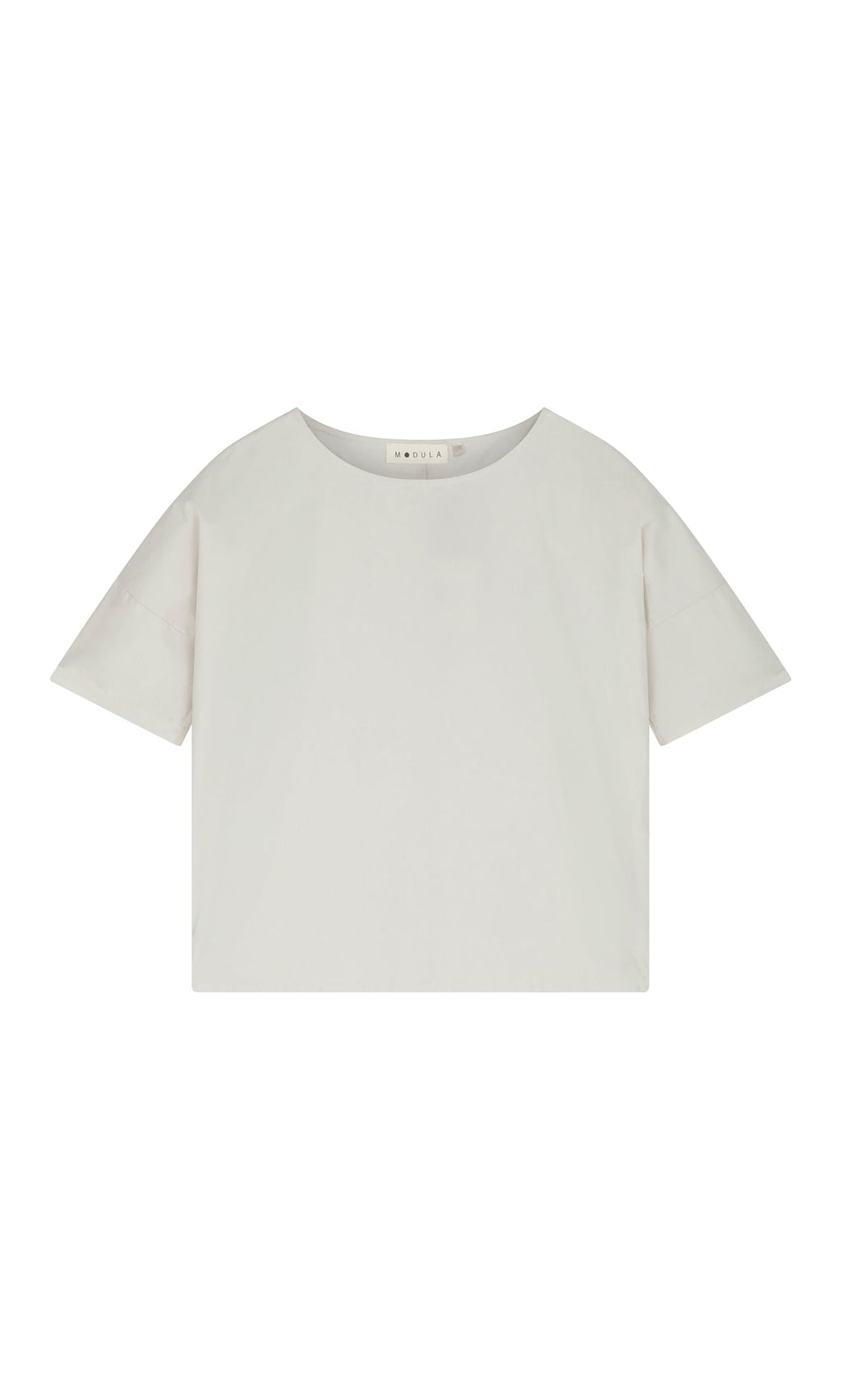 Plümo- The Nellie Tee: short-sleeve, boxy fit white cotton poplin crew neck, shown on a plain white background.