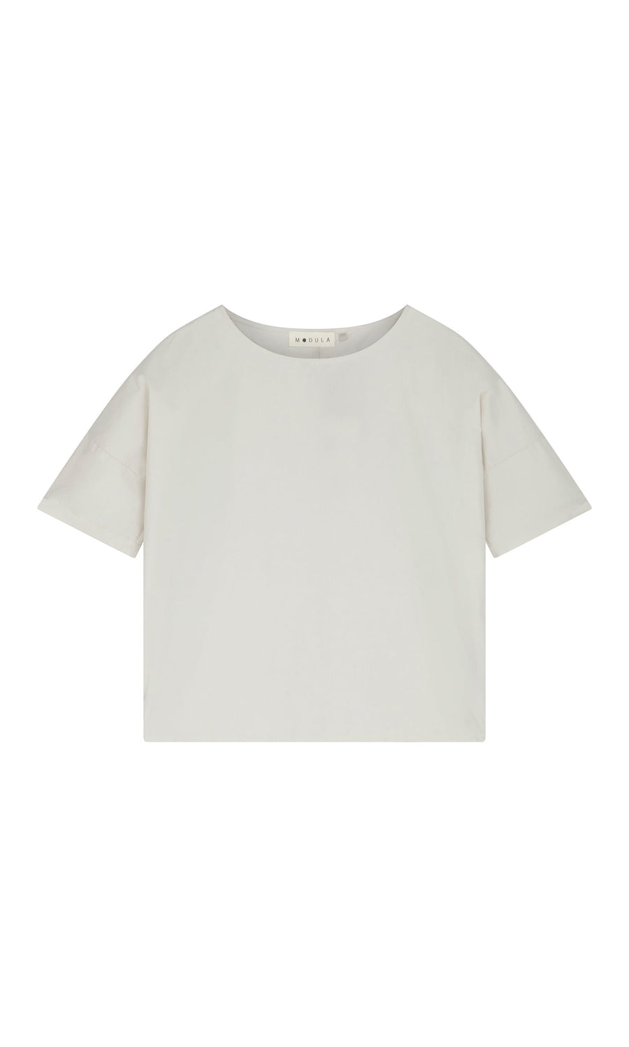 Plümo- The Nellie Tee: short-sleeve, boxy fit white cotton poplin crew neck, shown on a plain white background.