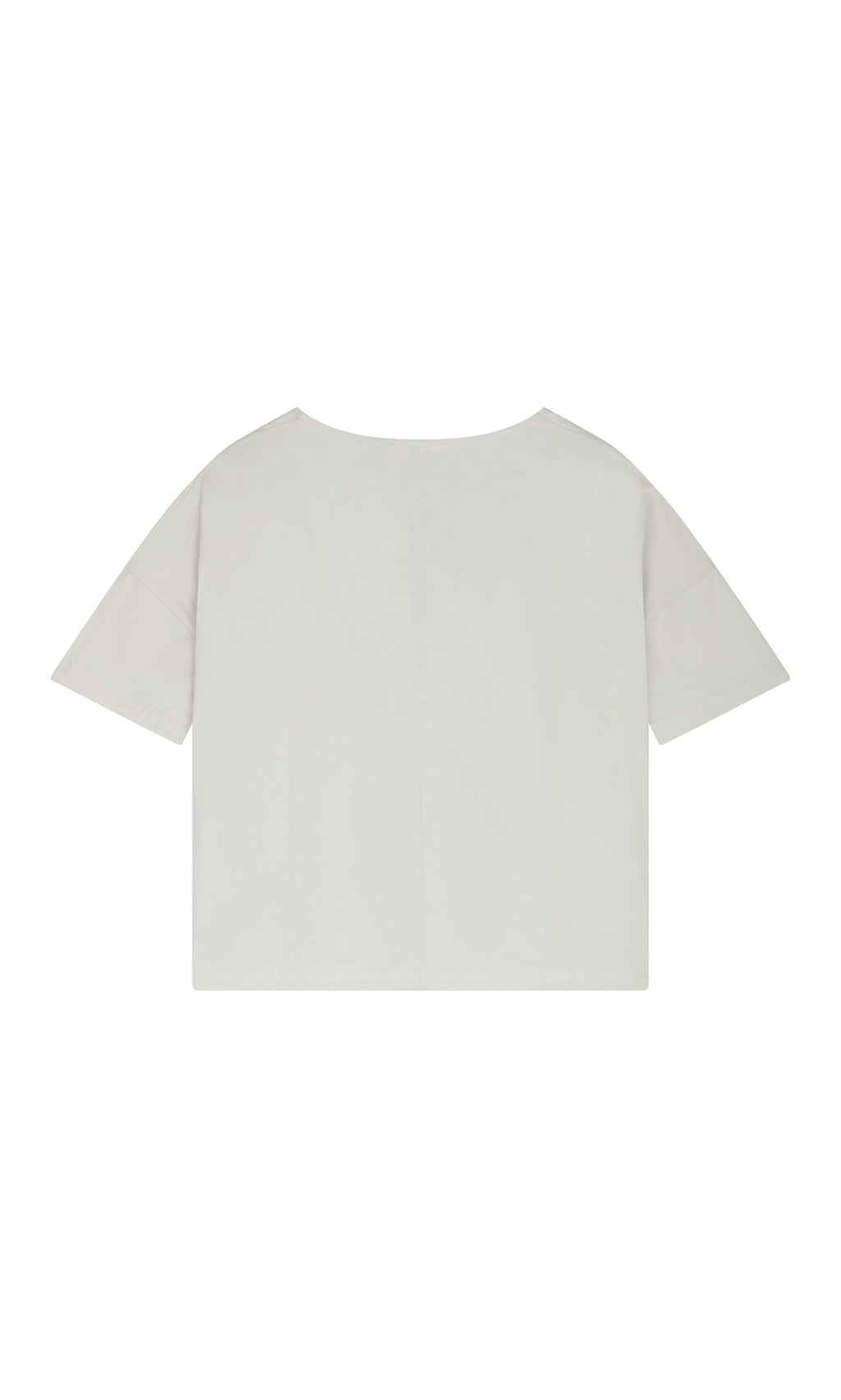 Plümo- Back view of the Nellie Tee in stone grey cotton poplin, featuring a loose, boxy fit and minimal detailing.
