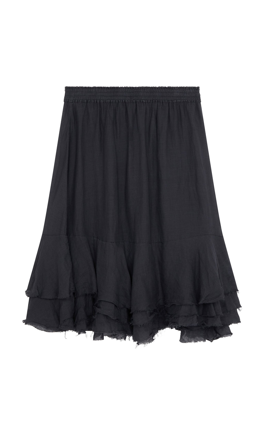 Plümo- The Nettle Crinkle Skirt is black, knee-length, with a ruffle hem and elastic waist in lightweight fabric.