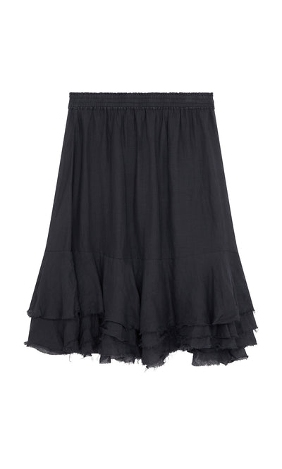 Plümo- The Nettle Crinkle Skirt is black, knee-length, with a ruffle hem and elastic waist in lightweight fabric.