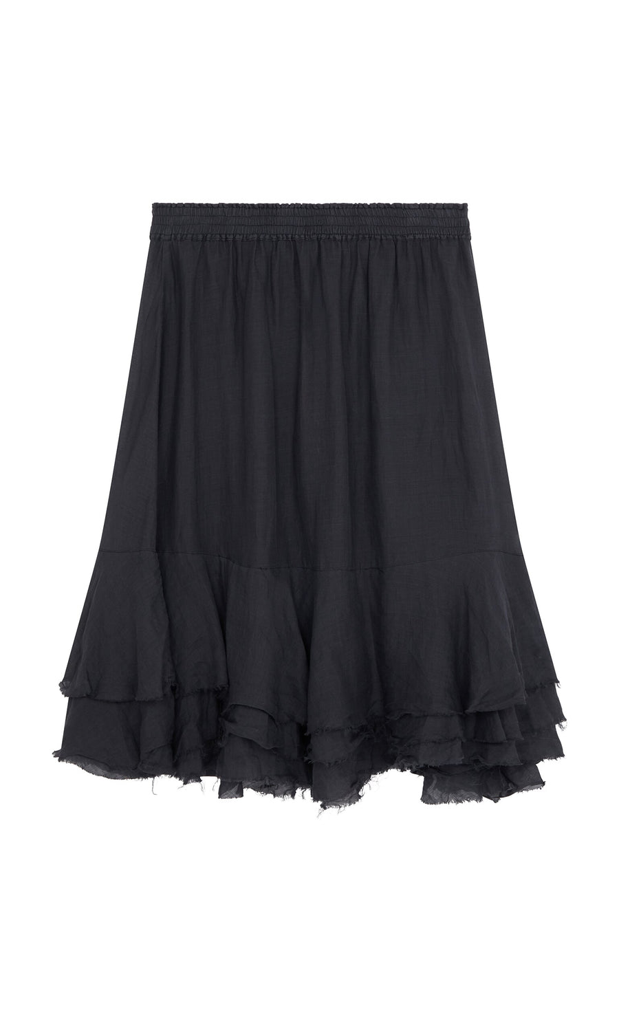 Plümo- The Nettle Crinkle Skirt is black, knee-length, with a ruffle hem and elastic waist in lightweight fabric.