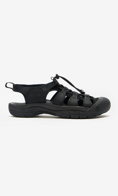 Plümo- Newport Sandals: black outdoor water sandal with closed toe, multiple straps, arch support, and rubber sole shown side view.