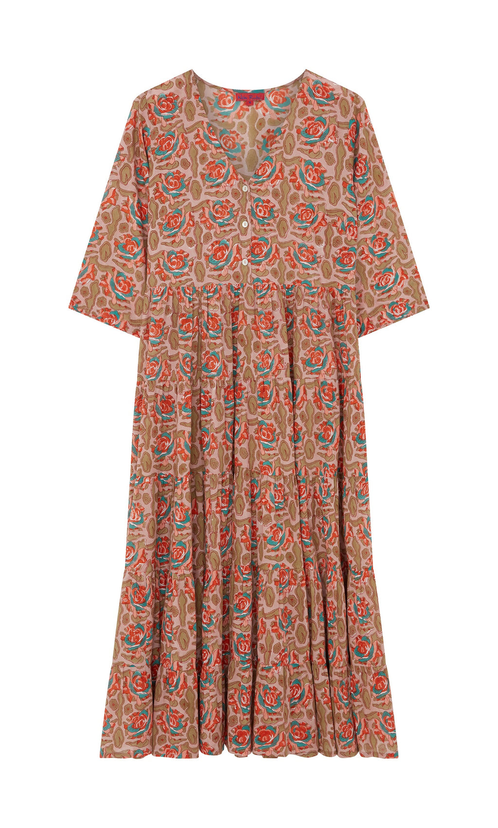 Plümo- Nila Flower Dress: Brown block-printed dress with short sleeves, v-neck, and red, green, blue floral design.