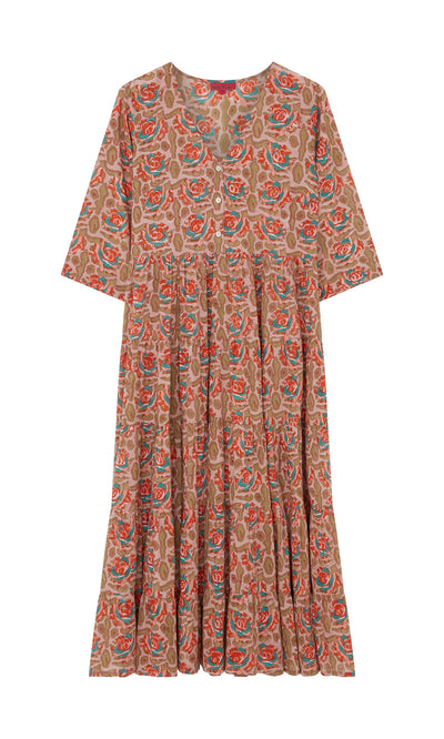 Plümo- Nila Flower Dress: Brown block-printed dress with short sleeves, v-neck, and red, green, blue floral design.
