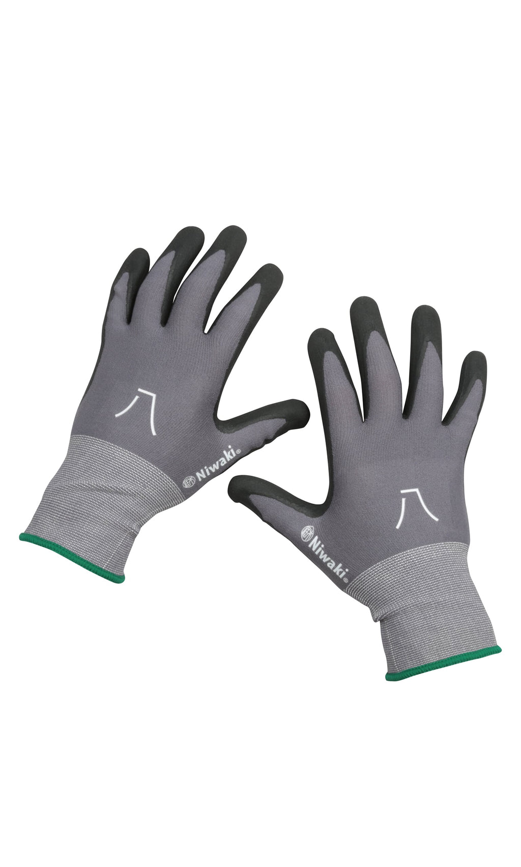 Plümo- A pair of Niwaki gardening gloves in gray with black nitrile palms and green-trimmed cuffs, displayed palms up.