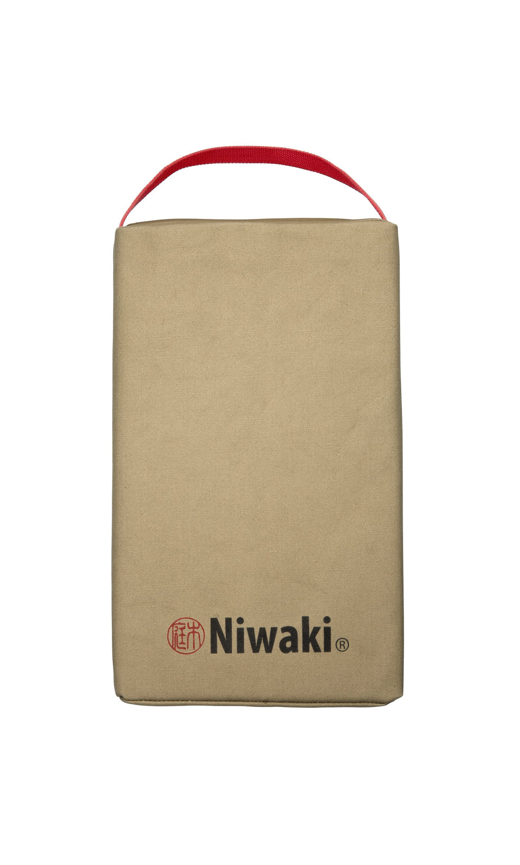 Plümo- Carry your Niwaki Kneeler in this beige bag with red handle, logo, and Japanese text on front.