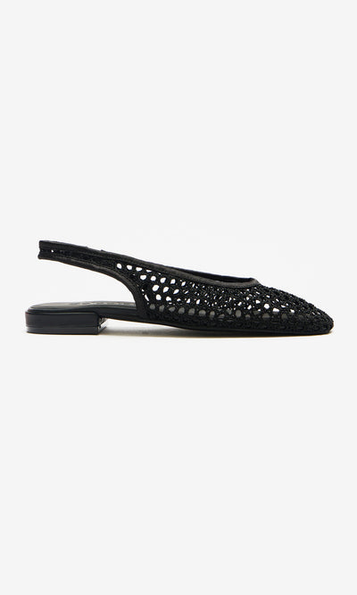 Plümo- Noa Slingbacks: Black mesh flats with an open, woven design and pointed toe, shown in a modern Danish side profile.
