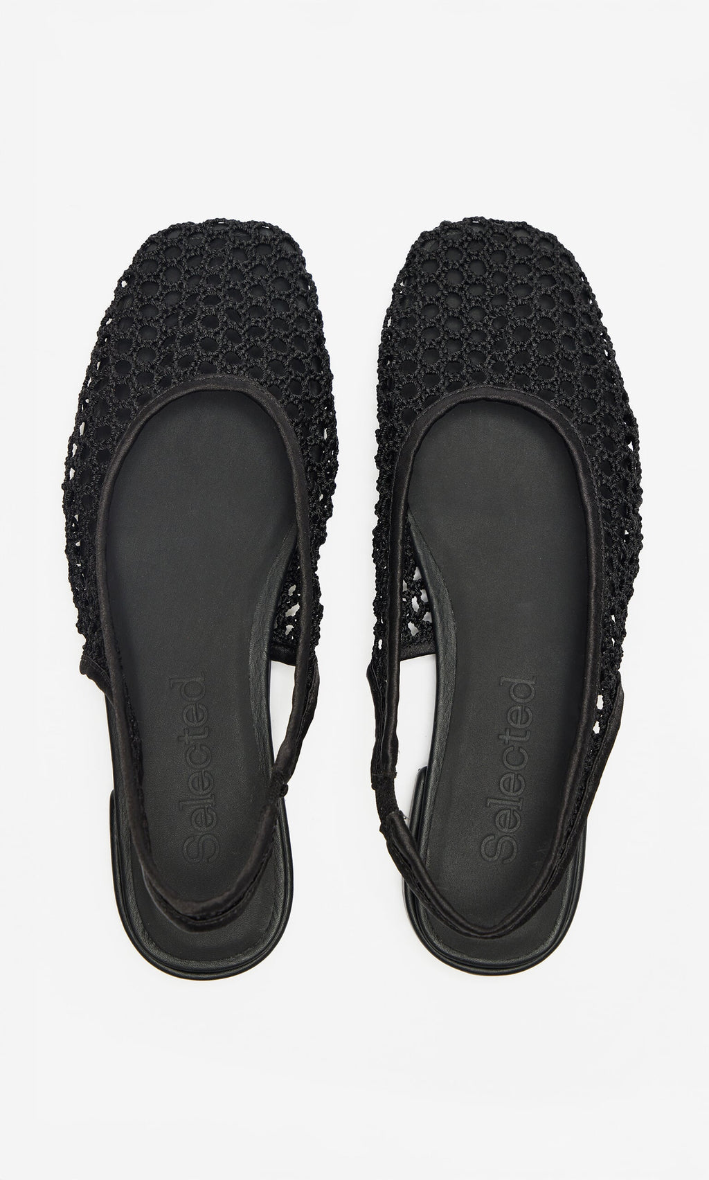 Plümo- The Noa Slingbacks are black woven mesh flats with square toes, Danish-inspired, shown on a white background.