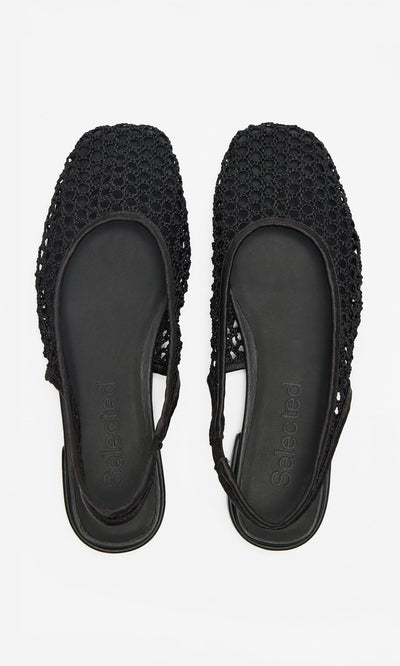 Plümo- The Noa Slingbacks are black woven mesh flats with square toes, Danish-inspired, shown on a white background.