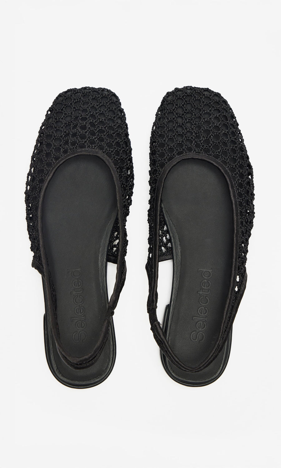 Plümo- The Noa Slingbacks are black woven mesh flats with square toes, Danish-inspired, shown on a white background.