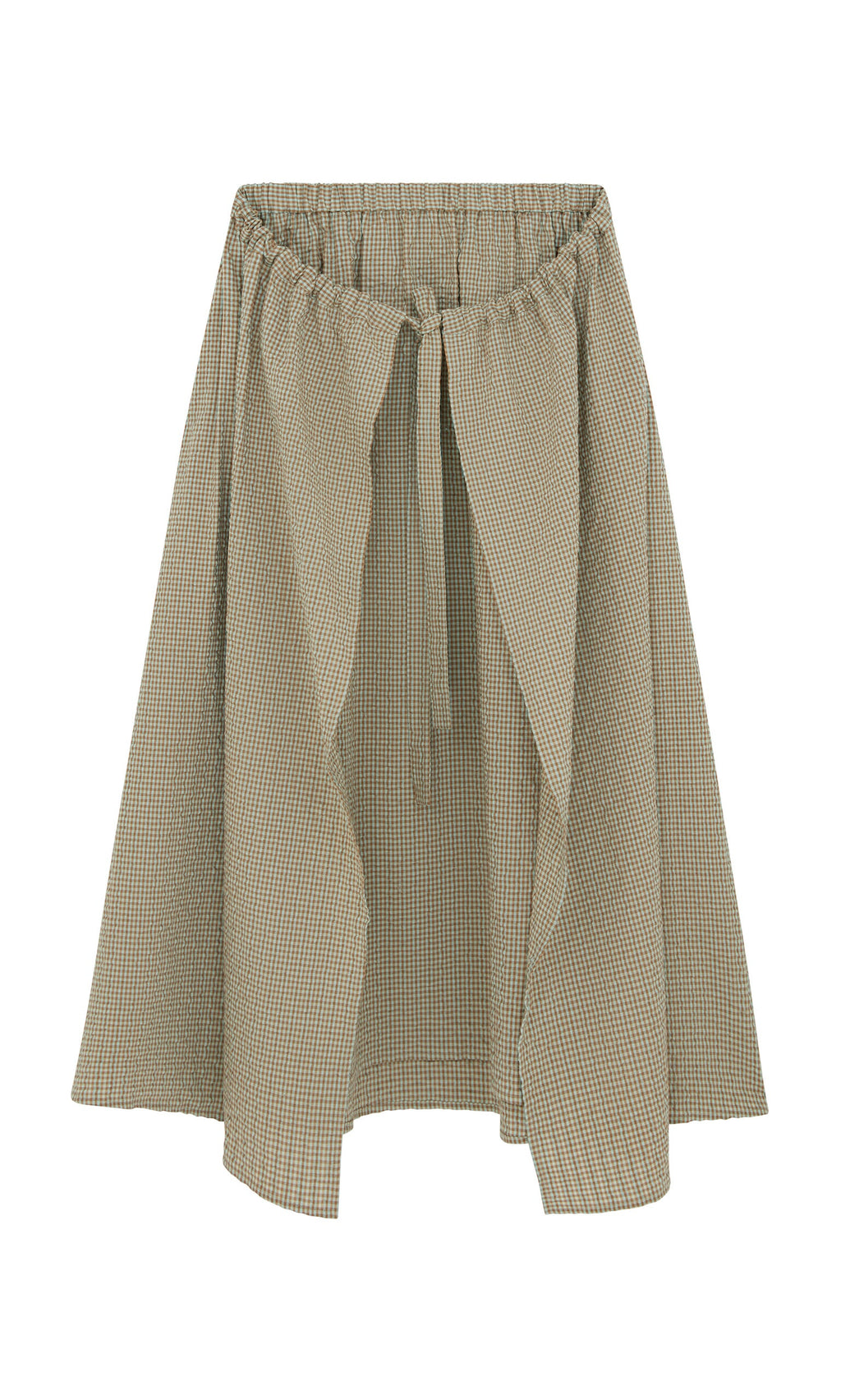 Plümo- Nori Wrap Skirt in beige and brown gingham with elastic waistband and front tie, shown on white background.