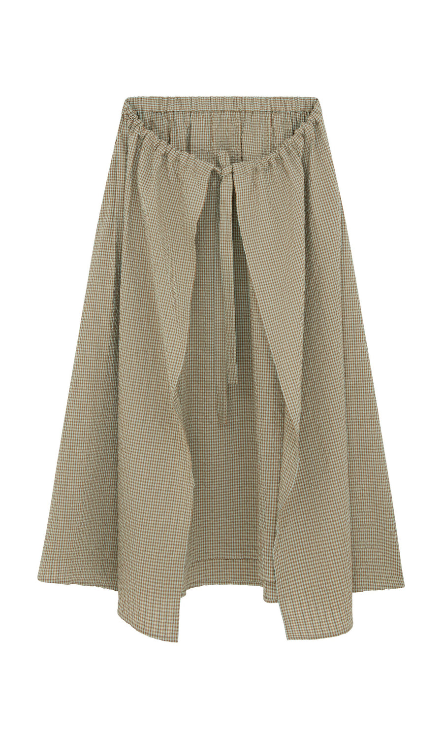 Plümo- Nori Wrap Skirt in beige and brown gingham with elastic waistband and front tie, shown on white background.