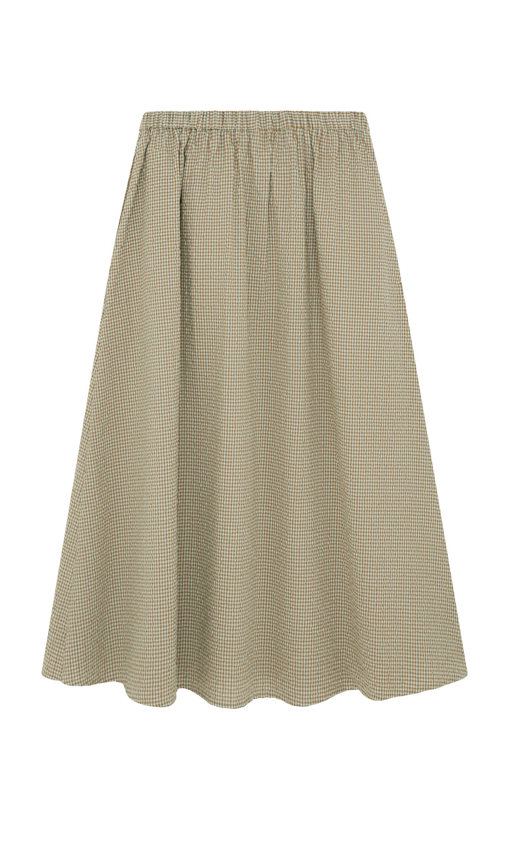 Plümo- The Nori Wrap Skirt is a beige and white gingham skirt with an elastic waistband, made in London.