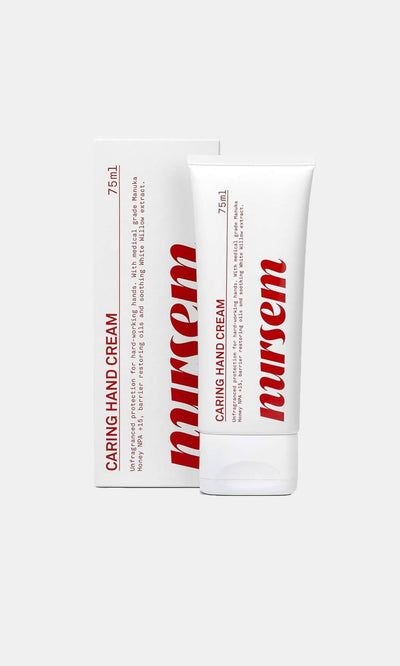 Plümo- A white tube and box of Nursem Hand Cream - Unfragranced (75ml) with bold red text on a light grey background.