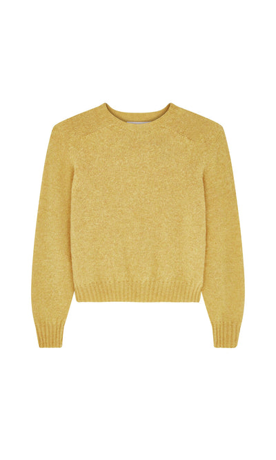 Plümo- The Oban Sweater is a light yellow brushed wool jumper with long sleeves, a crew neck, and a boxy fit.