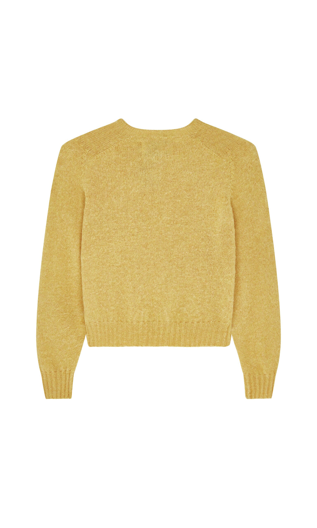 Plümo- Oban Sweater in yellow brushed wool, boxy fit, shown laid flat from the back on a white background.
