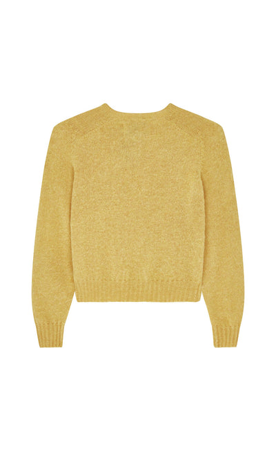 Plümo- Oban Sweater in yellow brushed wool, boxy fit, shown laid flat from the back on a white background.