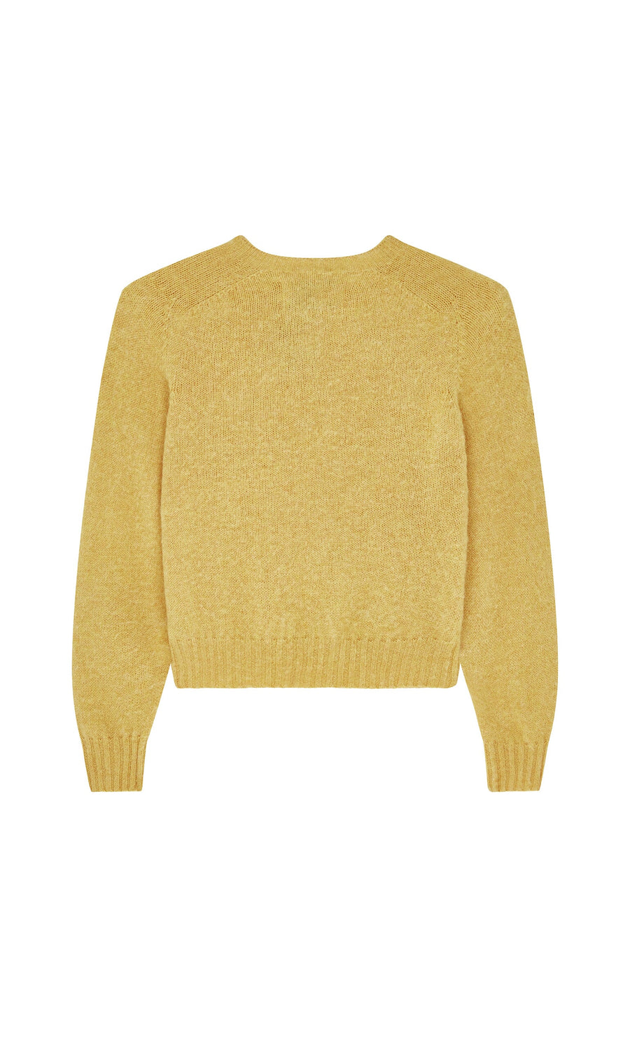Plümo- Oban Sweater in yellow brushed wool, boxy fit, shown laid flat from the back on a white background.
