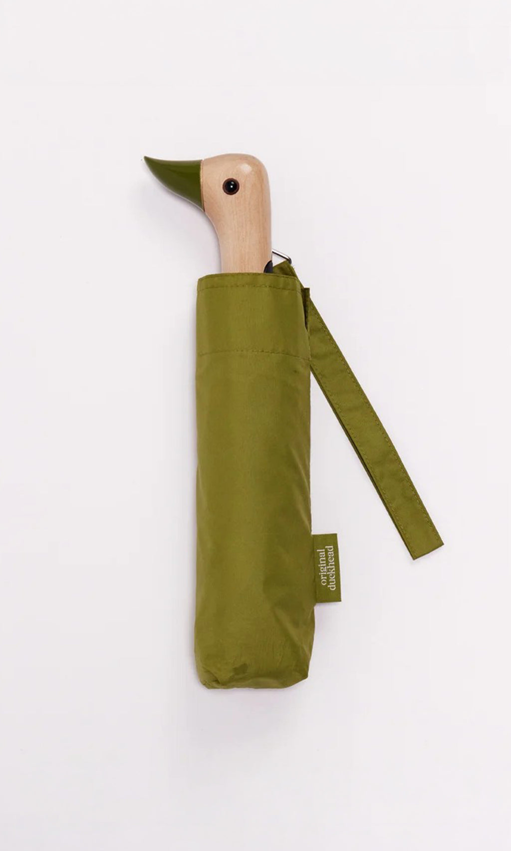Plümo  Duck Umbrella - Olive with duck-head wooden handle, partly in its matching cover for a compact look.