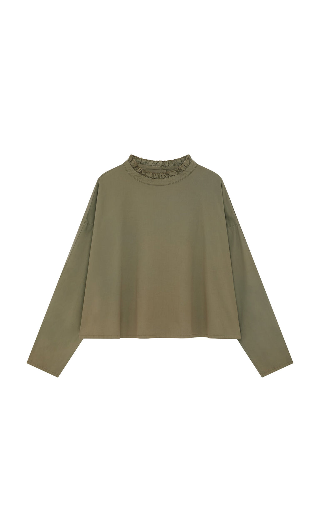 Plümo- The Olive Ruffle Blouse features a ruffle neck, long sleeves, relaxed fit, and is made in London. Shown on white.