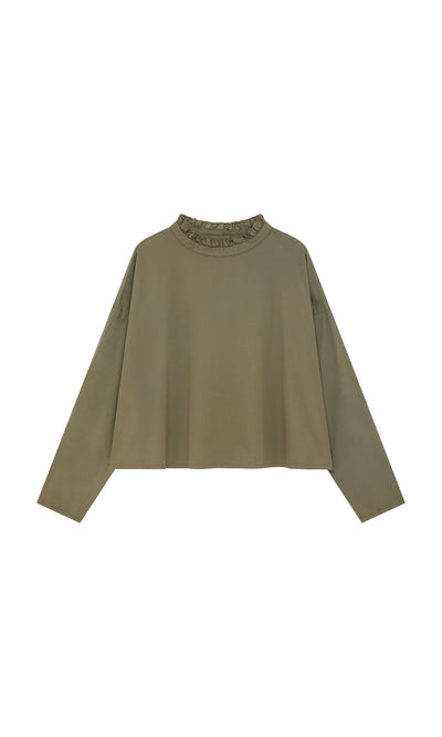 Plümo- Olive Ruffle Blouse - Seconds: cotton top with ruffle neck, long sleeves, and a loose, boxy fit for everyday wear.