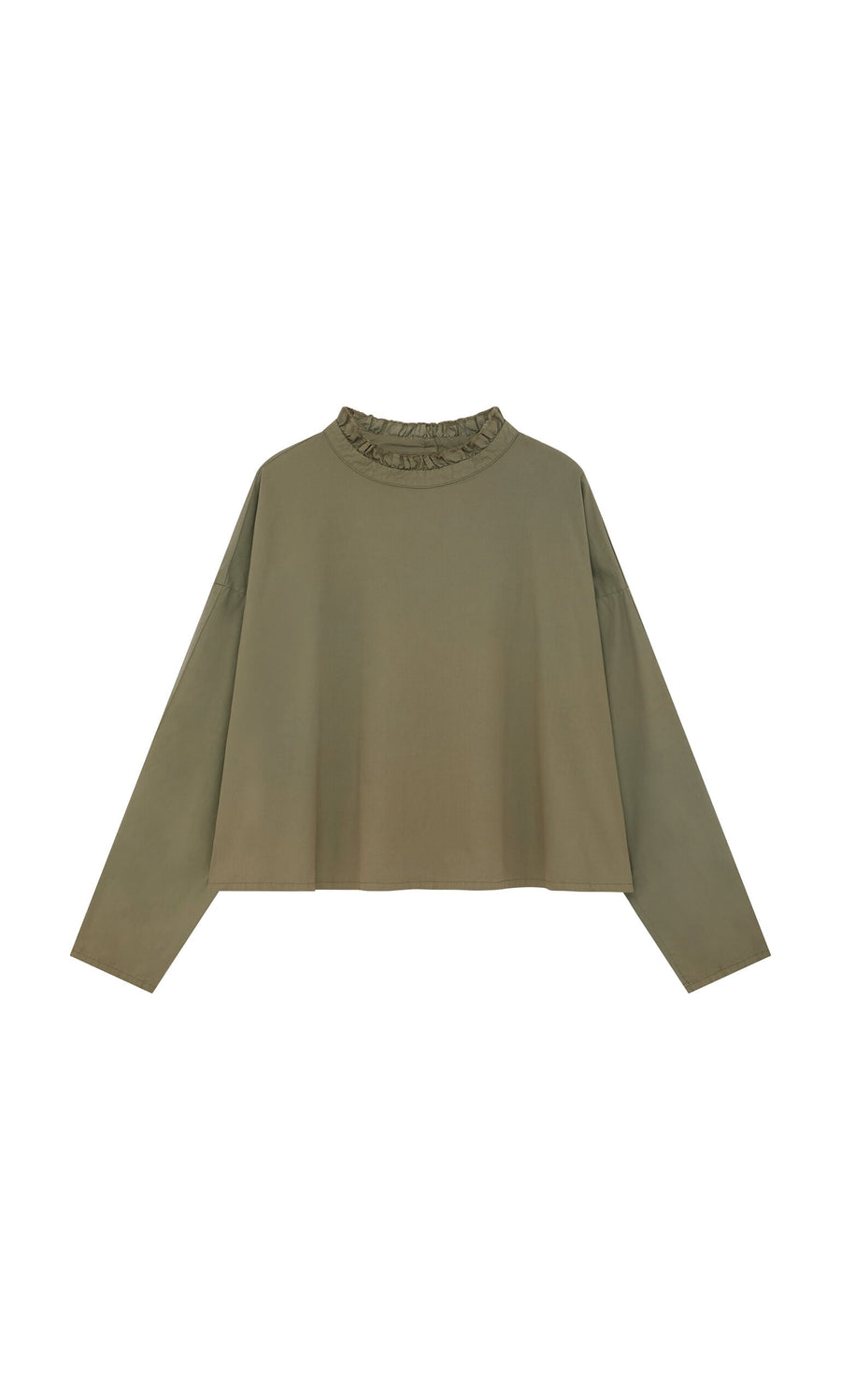 Plümo- Olive Ruffle Blouse - Seconds: cotton top with ruffle neck, long sleeves, and a loose, boxy fit for everyday wear.
