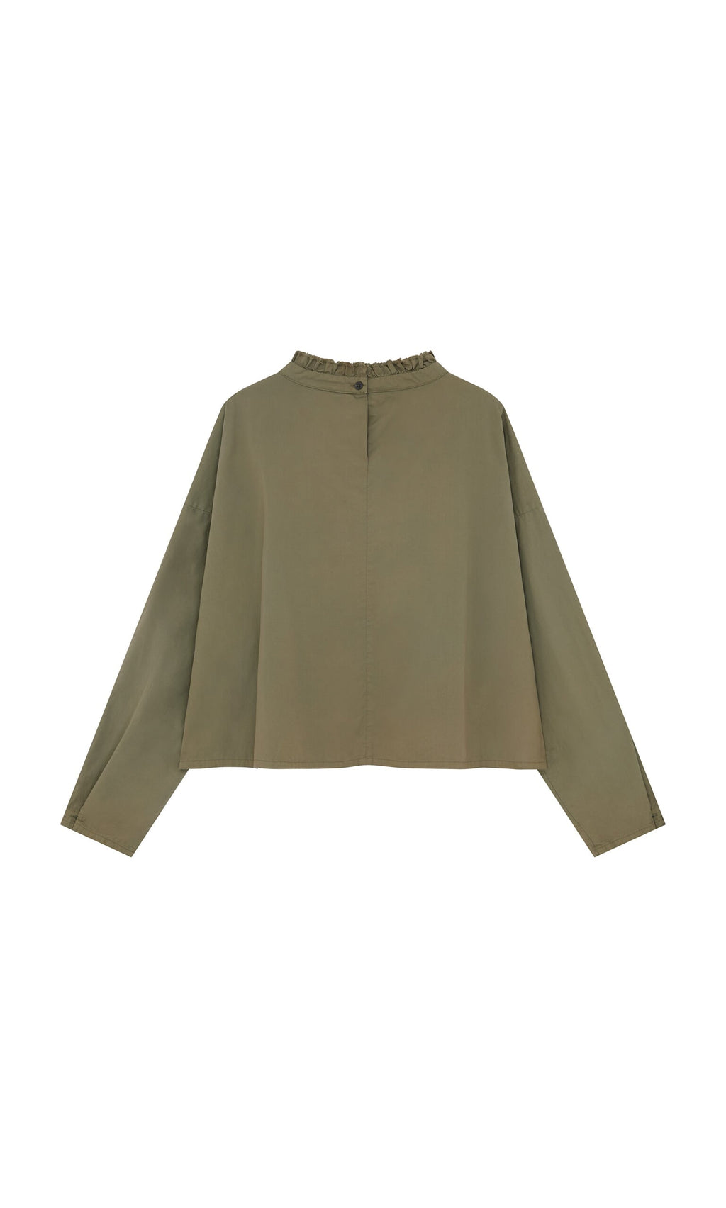 Plümo- Olive Ruffle Blouse - Seconds: cotton top with ruffle neck and back button closure, shown on a white background.