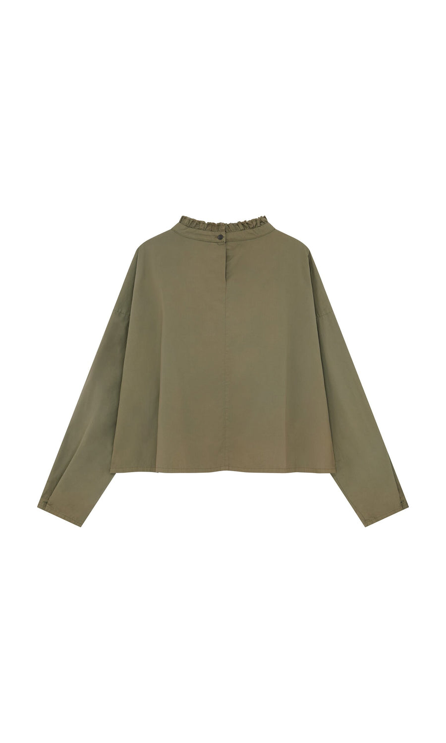 Plümo- Olive Ruffle Blouse - Seconds: cotton top with ruffle neck and back button closure, shown on a white background.