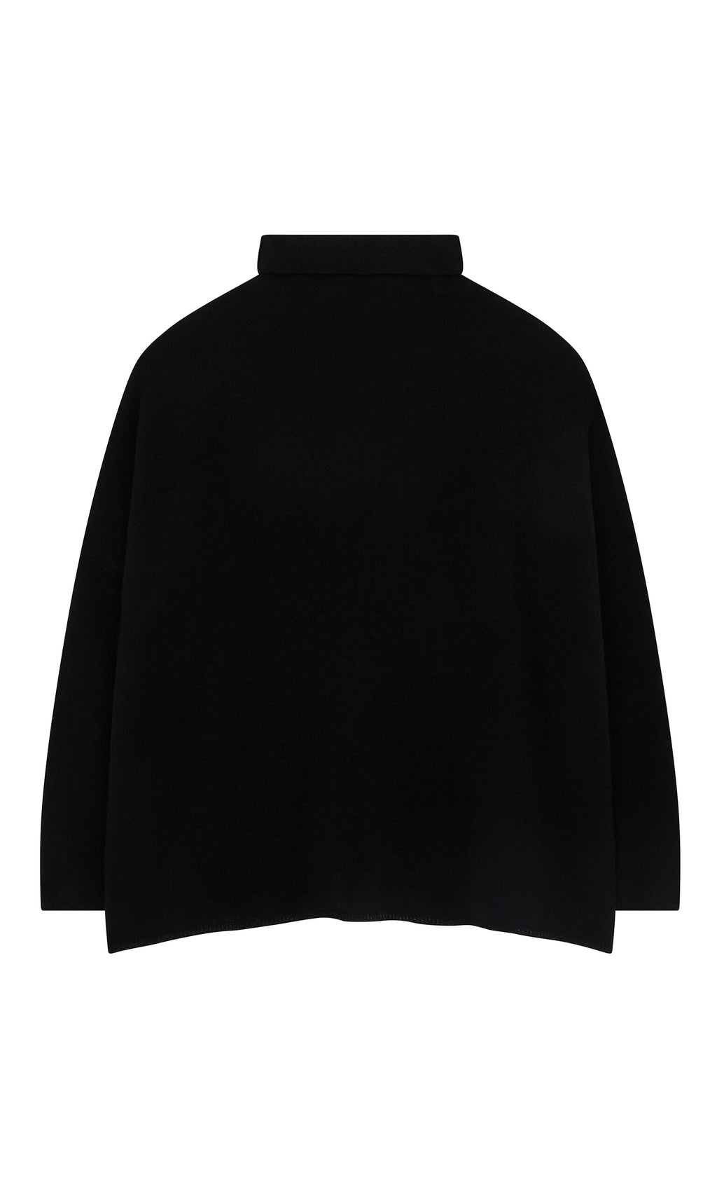 Plümo- Back view of the Onyx Rollneck, a black sweater and wardrobe staple, shown on a white background.