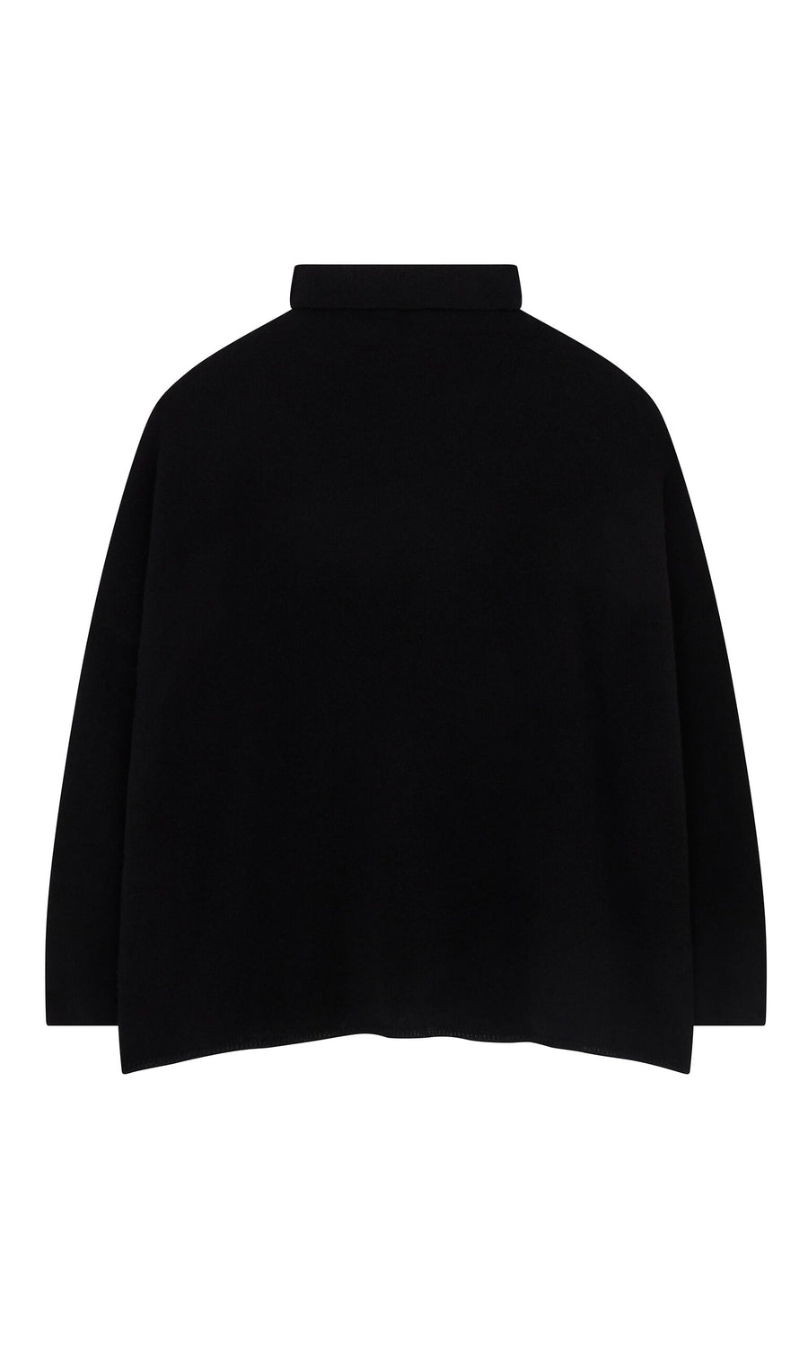 Plümo- Back view of the Onyx Rollneck, a black sweater and wardrobe staple, shown on a white background.