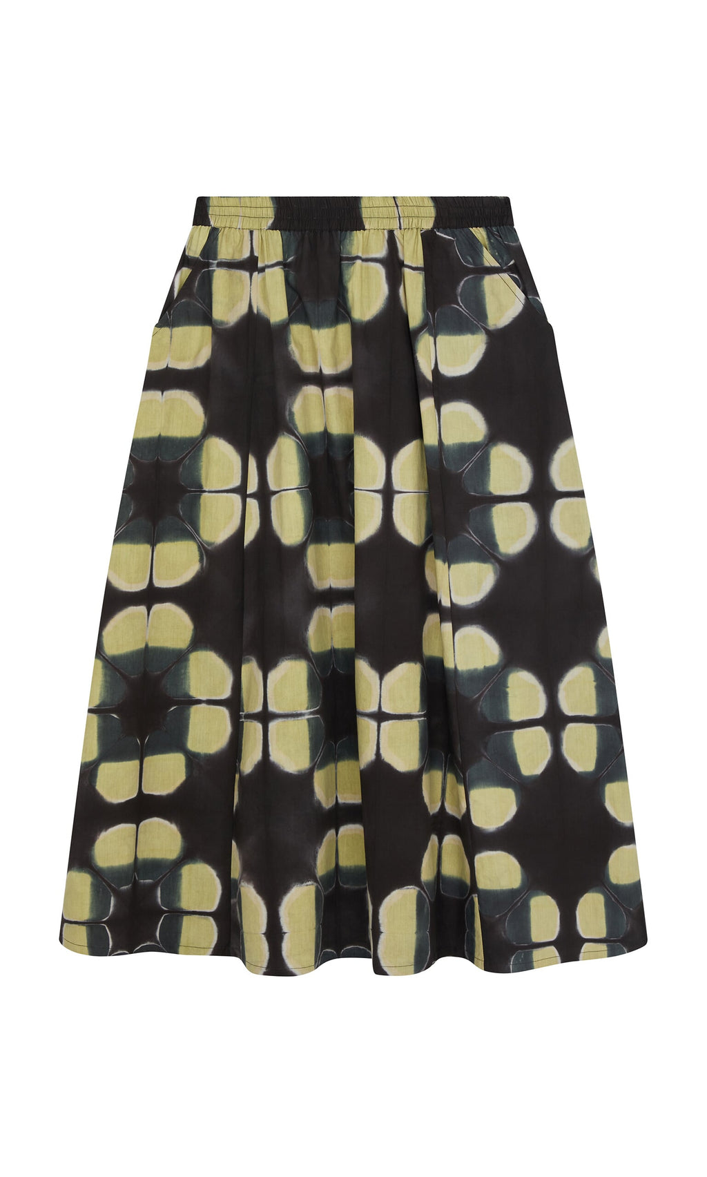 Plümo- Orla Flower Skirt: knee-length A-line cotton with black base, yellow-green florals, and elastic waistband.