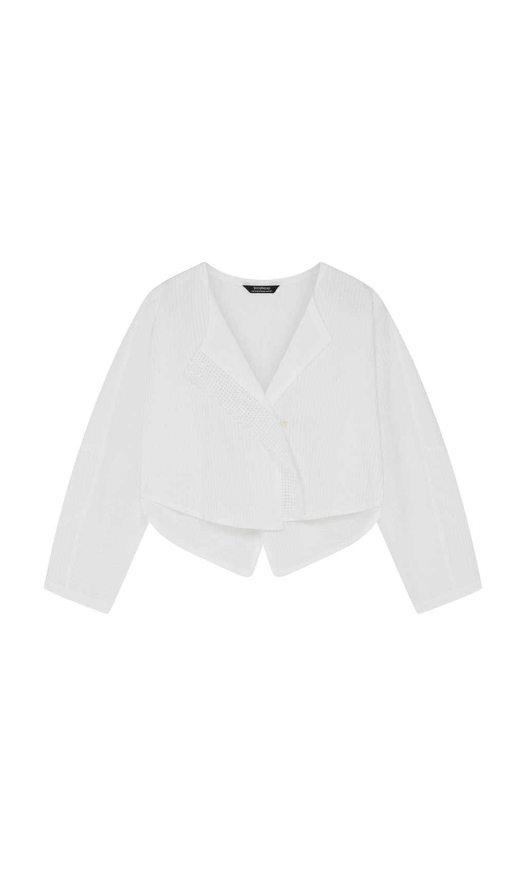 Plümo- White Orna Pleat Jacket with long sleeves, asymmetrical front, textured fabric, and a cocoon silhouette.