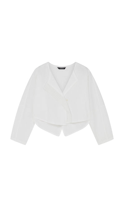 Plümo- White Orna Pleat Jacket with long sleeves, asymmetrical front, textured fabric, and a cocoon silhouette.