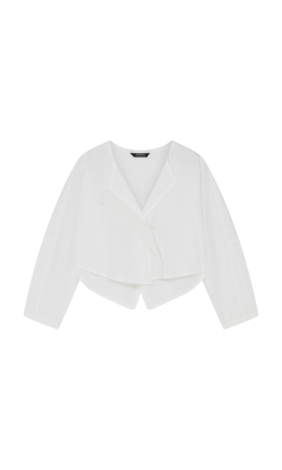 Plümo- White Orna Pleat Jacket with long sleeves, asymmetrical front, textured fabric, and a cocoon silhouette.