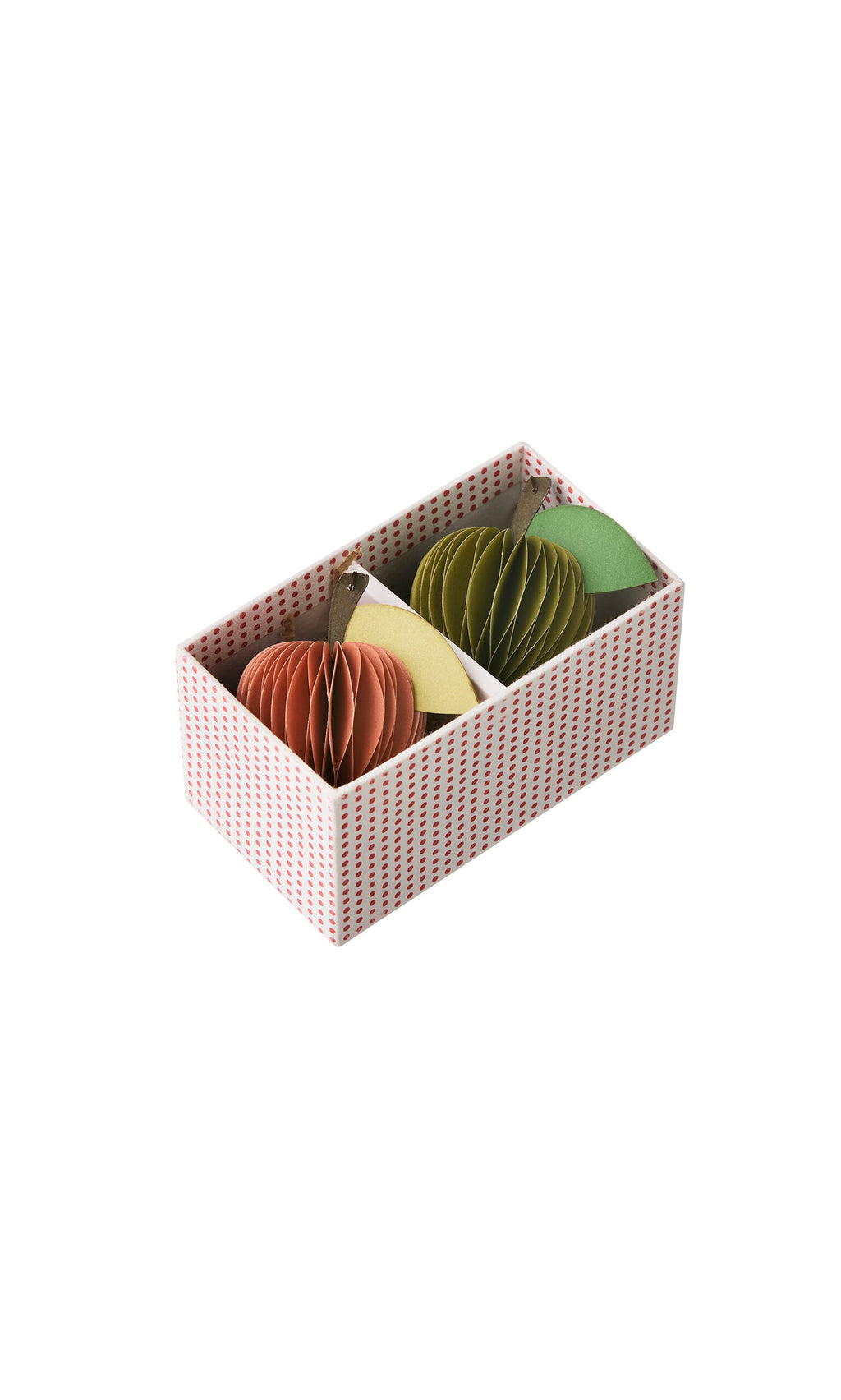 Plümo- Rectangular box holds Honeycomb Apples (set of 2) plus orange and green paper fruit decorations in sections.