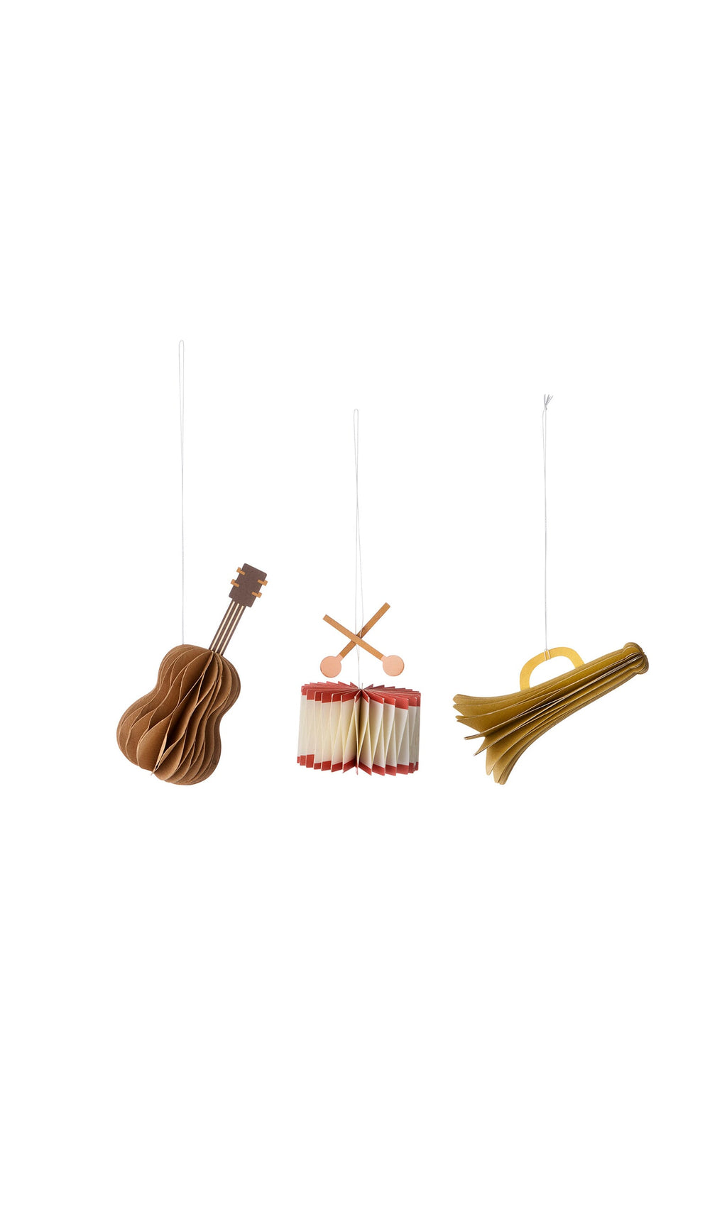 Plümo- Honeycomb Instruments (set of 3): guitar, drum & trumpet decorations—ideal for festive décor.